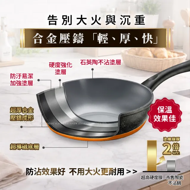 【Buffalo 牛頭牌】小牛石英陶不沾鍋炒鍋30cm(雙導角/不含PFOA.PFAS/塑化劑檢測通過/瓦斯爐.IH爐適用)