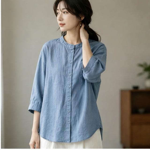 【LANNI 藍尼】★修身立領棉麻七分袖襯衫(女裝/女上衣/棉麻衫/休閒/日系/通勤)