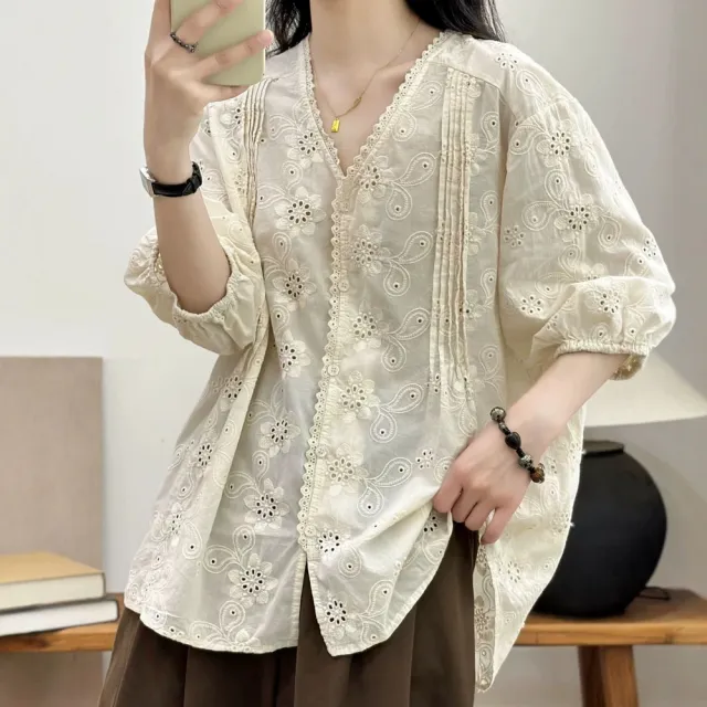 【MU YI YANG 慕衣洋】純棉蕾絲V領上衣