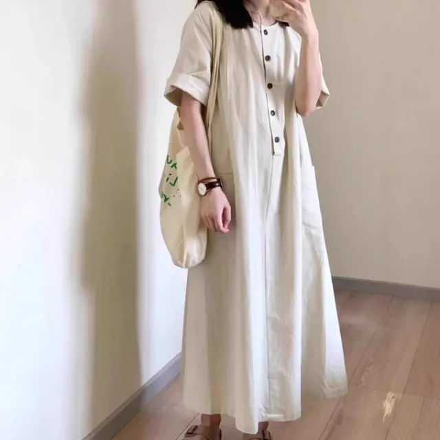 【ASister 小姊姊】現貨在庫★女裝｜洋裝☆中大尺碼圓領5釦大口袋棉麻連身裙(M-2XL)#AS2615