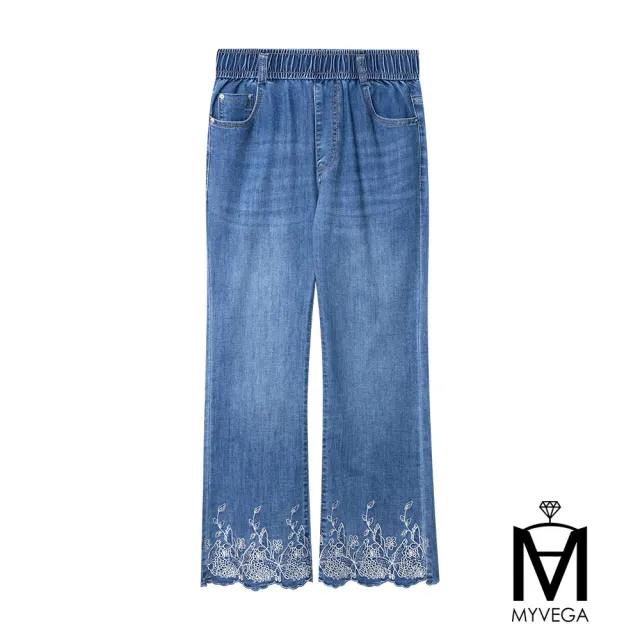 【MYVEGA 麥雪爾】MA棉質燙鑽花卉刺繡鬆緊腰直筒九分牛仔褲-藍(日系/丹寧/牛仔褲/寬褲/擴腿褲)