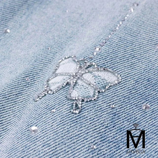 【MYVEGA 麥雪爾】MA棉質貓鬚刷色蝴蝶結燙鑽丹寧牛仔寬褲-藍(日系/牛仔褲/女下著/寬褲/擴腿褲)