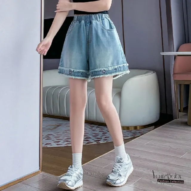 【YOUNGBABY】星語刺繡流蘇鬆緊高腰牛仔短褲 中大尺碼女裝