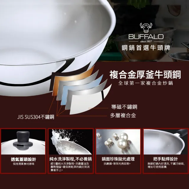 【Buffalo 牛頭牌】牛頭鋼萬用炒鍋30cm (IH.電磁爐亦適用/304不鏽鋼/平底鍋/炒鍋)