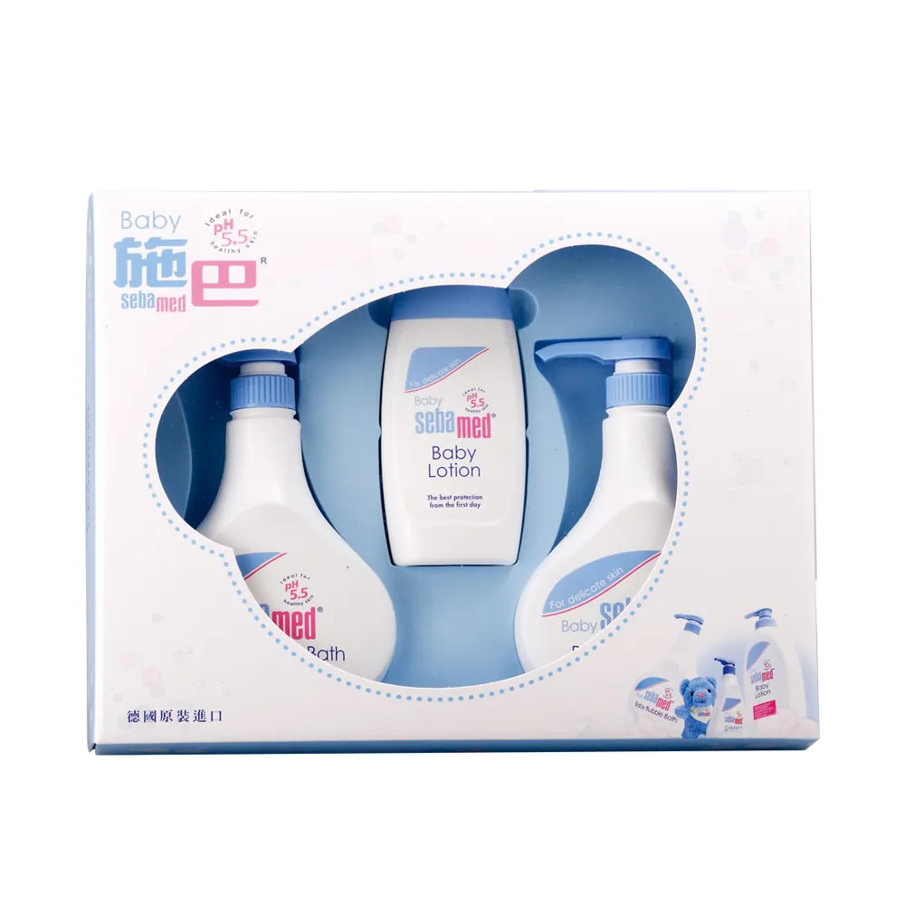 【SEBAMED 施巴】嬰兒粉藍誕生熊大三件禮盒(總代理)