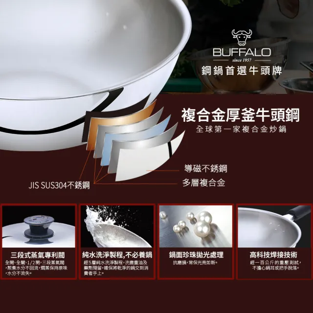 【Buffalo 牛頭牌】雅登單柄炒鍋35cm送大蒸盤 (304不鏽鋼/中華炒鍋/炒菜鍋/蒸鍋)