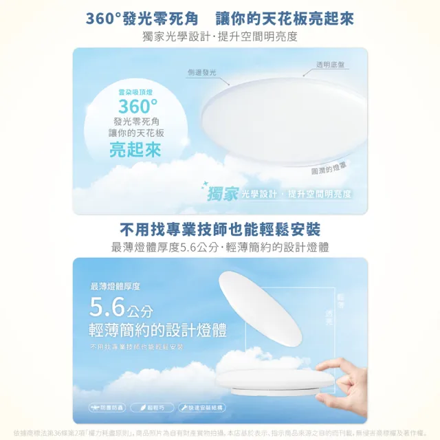 【DanceLight 舞光】1入 2026新版 LED 30W 雲朵 遙控吸頂燈 四段壁切 無極調光調色 全電壓(D-CEN30DM)