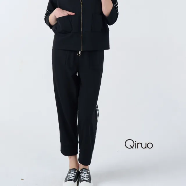【Qiruo 奇若名品】厚棉 鬆緊腰 側邊滾線條黑色休閒長褲4020C 