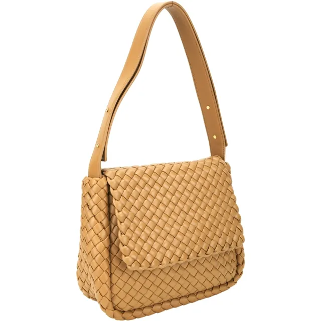 【BOTTEGA VENETA 寶緹嘉】BV Intrecciato 小羊皮編織 可調 肩斜背翻蓋包(焦糖棕)