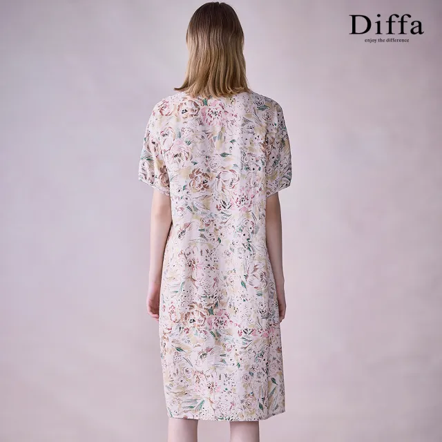 【Diffa】花卉速寫印花落肩短袖連身洋裝-女
