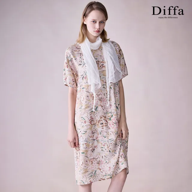 【Diffa】花卉速寫印花落肩短袖連身洋裝-女