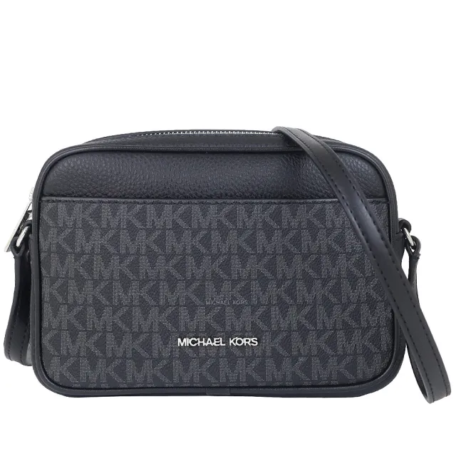 【Michael Kors】Jet Set MK花紋防水布小斜背方包(黑)