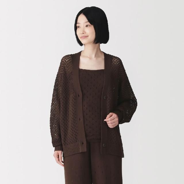 【MUJI 無印良品】女棉鏤空編織針織長袖開襟衫(黑色/象牙白/淺綠/棕色)