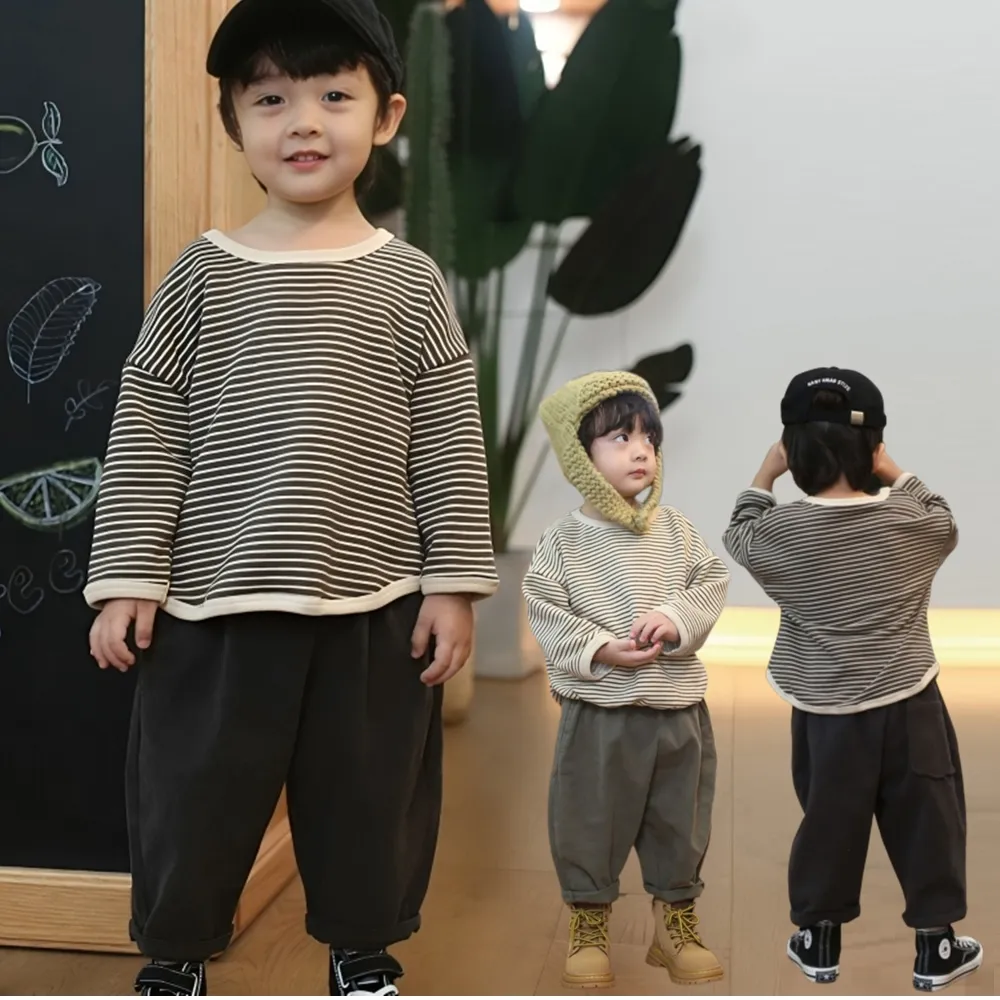 【Baby 童衣】韓風條紋上衣 男女童百搭長袖圓領T 男童歐巴風落肩袖T-Shirt 女童外出上衣 89095(共２色)