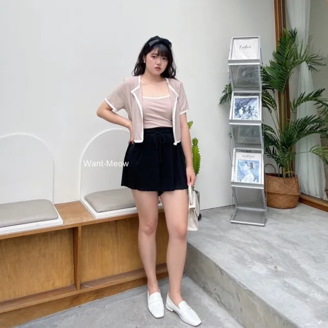 【Want-Meow】80公斤可穿/２件組兩件套裝外套+撞色背心短外套背心組(大碼上衣/大碼/大尺碼/套裝)