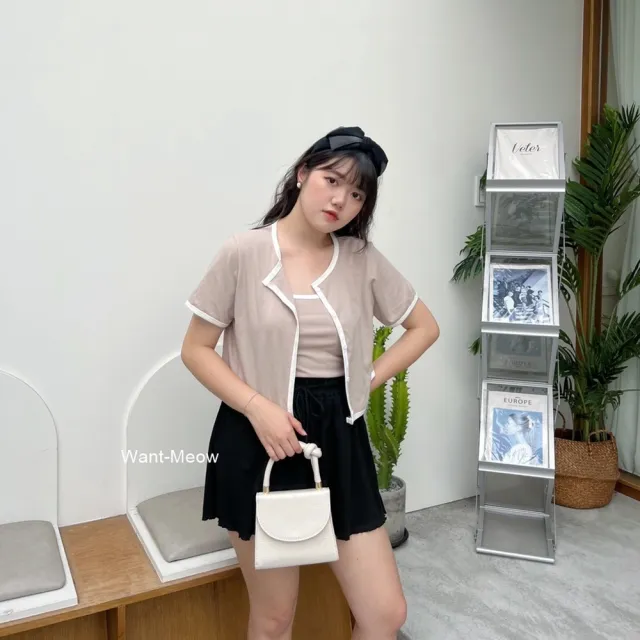 【Want-Meow】80公斤可穿/２件組兩件套裝外套+撞色背心短外套背心組(大碼上衣/大碼/大尺碼/套裝)