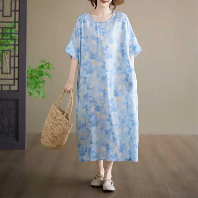 【漂亮小媽咪】夏日 棉麻 短袖 花卉 印花 洋裝 長裙 中大尺碼