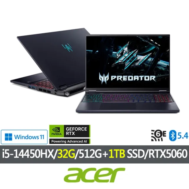 【Acer 宏碁】特仕版 16吋電競筆電(Predator/PHN16-I31-51M3/i5-14450HX/16G+16G/512G+1TB SSD/RTX5060)