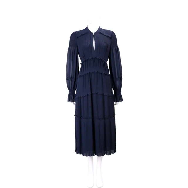【TORY BURCH】Stella 蛋糕裙澎袖設計藍色細褶雪紡洋裝(連身裙 精品)