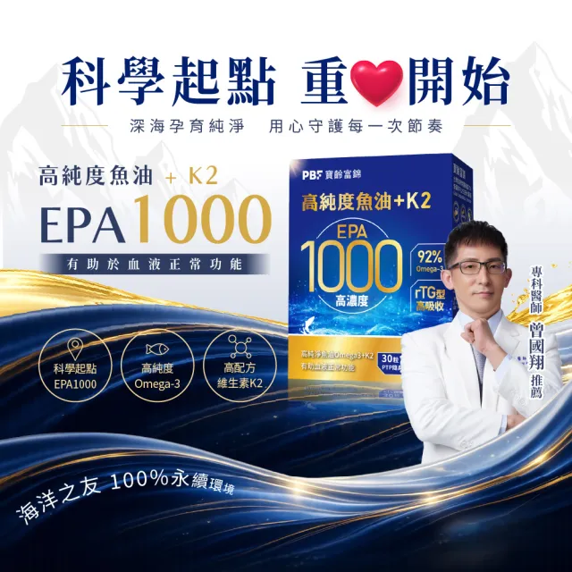 【寶齡富錦】EPA 1000 高純度魚油+K2 5入組(30顆1入/Omega-3/維生素K2)