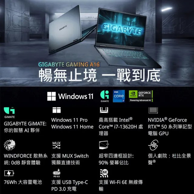 遊戲手把組★【GIGABYTE 技嘉】16吋Ryzen 7 260 RTX5050電競筆電(A16 3THK3TW893SH/16G/512G/W11)