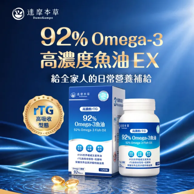 【達摩本草】92% Omega-3 rTG高濃度魚油EX 6入120顆/盒(醫生推薦、金質獎肯定)
