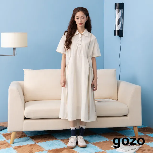 【gozo】MOMO獨家款★造型綁帶口袋微蓬洋裝(咖啡/米白)