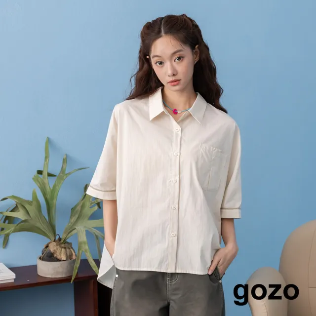 【gozo】MOMO獨家款★造型口袋連袖襯衫(深灰/米白)