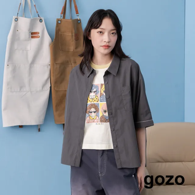 【gozo】MOMO獨家款★造型口袋連袖襯衫(深灰/米白)