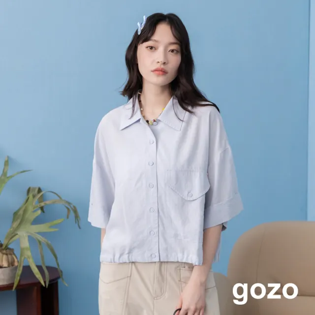 【gozo】單邊口袋下擺抽繩涼感襯衫(淺藍/米白)