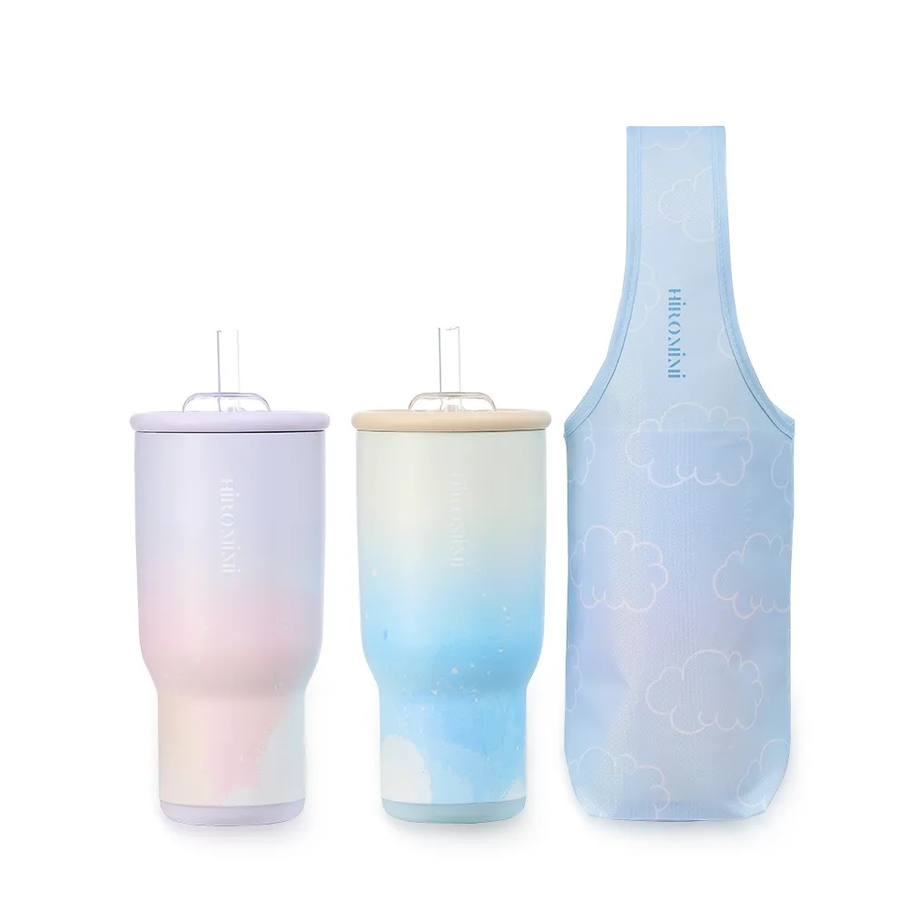 【Hiromimi】全新升級不鏽鋼冰壩杯袋組900ml 雙飲法暢飲不受限(保溫冰杯/2款可選/附TRITAN波霸吸管/附提袋)