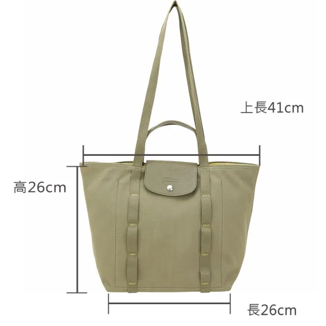 【LONGCHAMP】Le Pliage Collection 縫線織帶 帆布手提 肩背托特包(地衣綠 兩用包 通勤包)