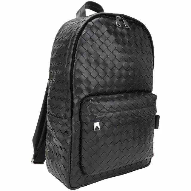 【BOTTEGA VENETA 寶緹嘉】BV Intrecciato 小牛皮編織布面內襯 雙肩 後背包(黑色 bv包 筆電包 商務)