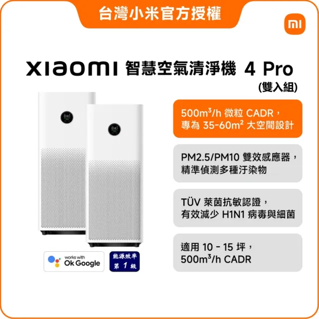 【小米】雙機組 Xiaomi 空氣清淨機 4 Pro(小米官方授權代理/9-13坪適用/一年保固/米家APP/AC-M15-SC)