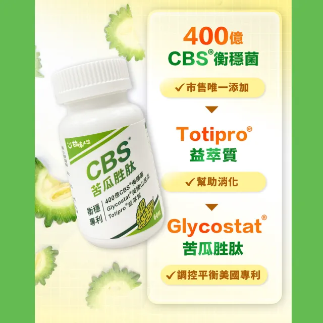 【甘味人生】CBS苦瓜胜月太(60粒x10盒加贈苦瓜+9x益生菌10入乙盒/獨家衡穩配方:鉻酵母/專利山苦瓜胜月太)