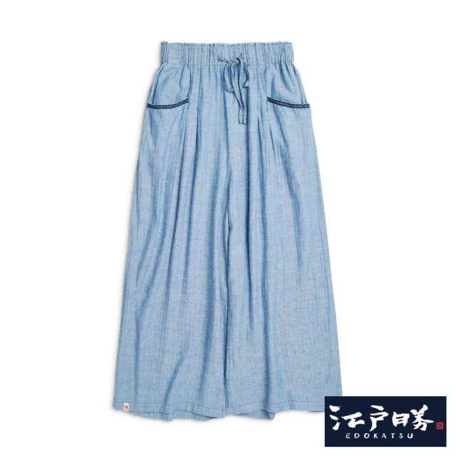 【EDOKATSU 江戶勝】女裝 蕾絲邊寬直筒褲(拔洗藍)