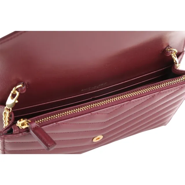 【YSL】Saint Laurent CASSANDRE 金字絎縫羊皮鍊帶斜背包(深紅 手拿包 信封包)