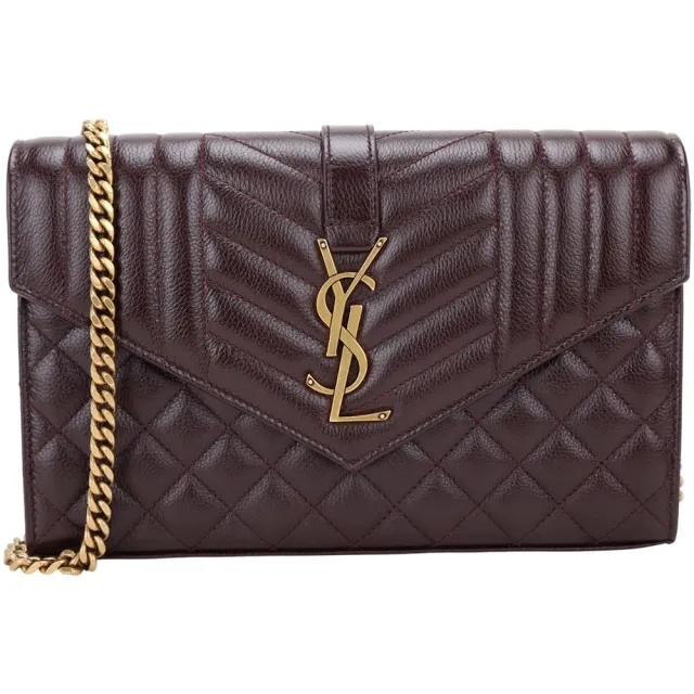 【YSL】Saint Laurent CASSANDRE 金字菱格絎縫牛皮信封式鍊帶斜背包(酒紅 肩背 鍊包 手拿包)