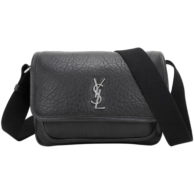 【YSL】Saint Laurent NIKI CASSANDRE 銀字揉製羊皮翻蓋斜背郵差包(黑色 側背 信差包)
