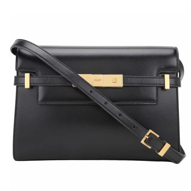 【YSL】Saint Laurent Manhattan 小款 光滑小牛皮肩背曼哈頓包(黑色 側肩包 翻蓋)