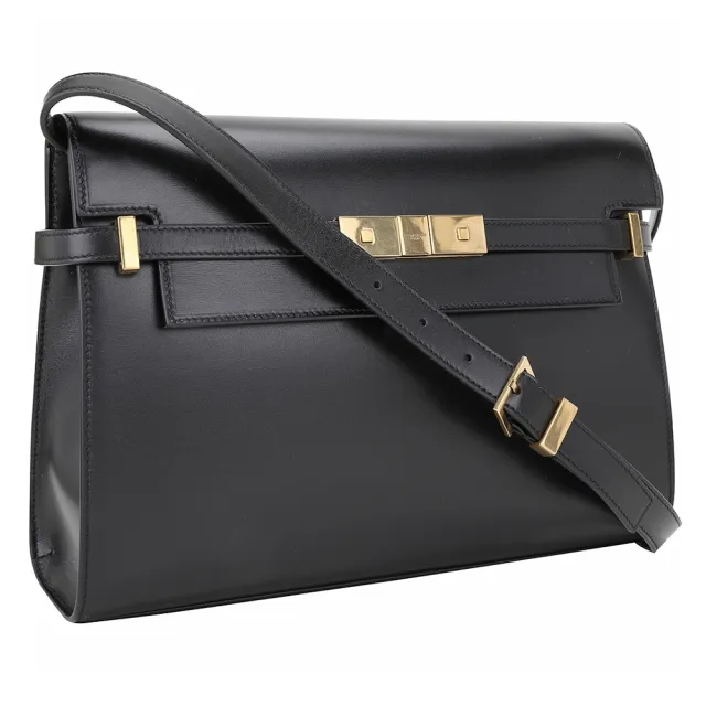 【YSL】Saint Laurent Manhattan 中款 光滑小牛皮肩背曼哈頓包(黑色 側肩包 翻蓋)