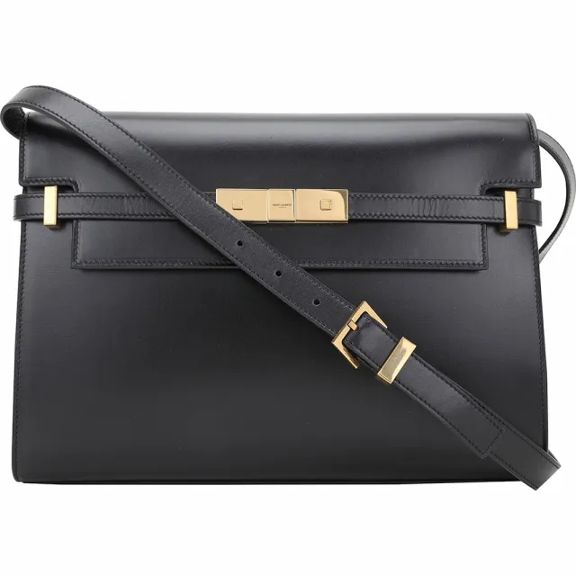 【YSL】Saint Laurent Manhattan 中款 光滑小牛皮肩背曼哈頓包(黑色 側肩包 翻蓋)