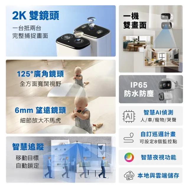 【TP-Link】雙鏡頭2K300萬畫素室內/室外 AI智慧偵測 固定+旋轉 無線網路Wi-Fi監視器支援512GB(Tapo C246D)