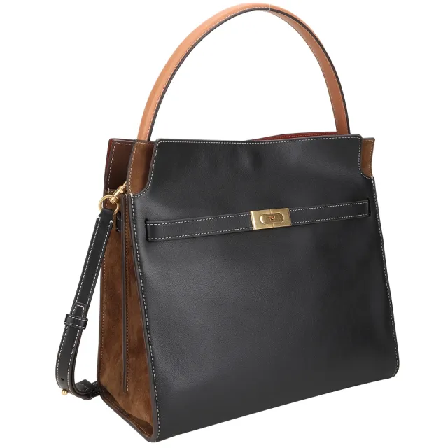 【TORY BURCH】Lee Radziwill 附吊飾鎖釦帶拼色明線邊麂皮襯裡手提/斜背包(黑色 肩背 大包 真皮)