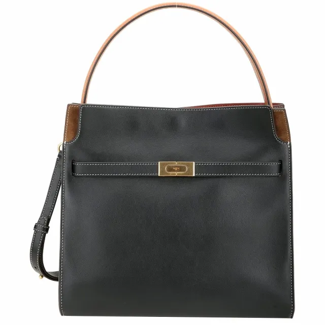 【TORY BURCH】Lee Radziwill 附吊飾鎖釦帶拼色明線邊麂皮襯裡手提/斜背包(黑色 肩背 大包 真皮)