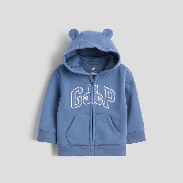 【GAP】嬰兒VintageSoft布萊納小熊Gap Logo拉鍊連帽運動衫-灰藍色(910784)