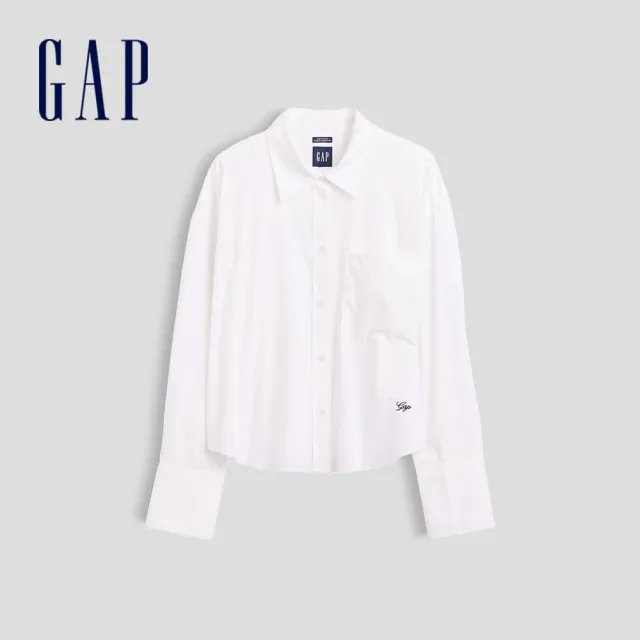 【GAP】有機棉府綢寬鬆短版襯衫-白色(910042)