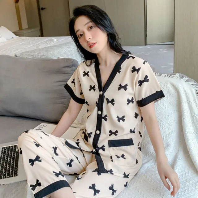 【巴黎精品】雙11現貨限搶 女絲質居家睡衣套裝冰絲短袖睡衣(薄款V領多款a1at10)S