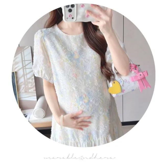 【漂亮小媽咪】夏日 韓系 甜美 緹花 實拍 短袖洋裝 泡泡 短袖 孕婦裝