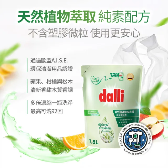 【Dalli 達麗】全效去漬超濃縮酵素洗衣精補充包1.8Lx6入(除菌抗螨/深層去漬/去味除臭)
